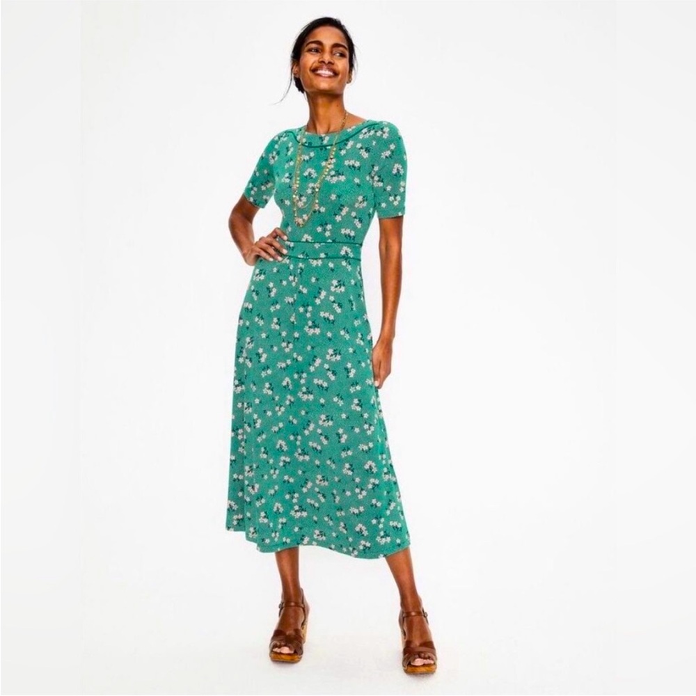 Boden Women’s Ava Jersey Midi Dress Green Floral Short Sleeves - size 10